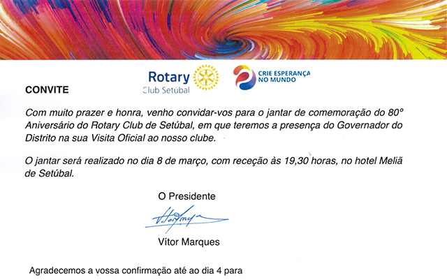 Jantar comemorativo do Aniversário do Rotary Club de Setúbal, a realizar no próximo dia 8 de março, no Hotel Meliã em Setúbal